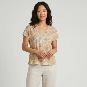 ITMerce Patterned Linen V-Neck Blouse Women's Patterned V-Neck Blouse