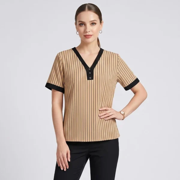 ITMerce Zhinous Striped V-Neck Blouse Zhinous Women's V-Neck Short Sleeve Blouse